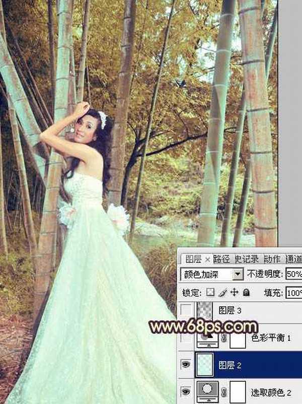 Photoshop将竹林婚片打造出柔和的黄褐色效果