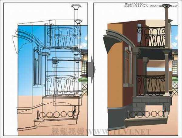 CorelDRAW绘制欧洲古典建筑风格的街道场景画面