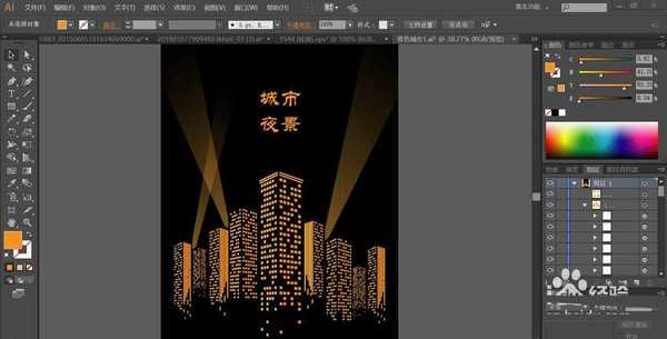 ai怎么手绘扁平化城市夜景灯光秀背景图插画?